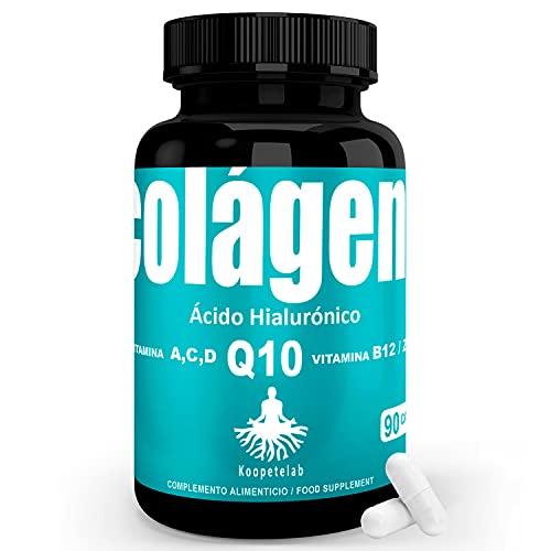 Colágeno hidrolizado con ácido hialurónico y coenzima Q10+vitamina C,A,D y B12+Zinc/Fórmula antiedad para una piel tersa y radiante/Ayuda a fortalecer las articulaciones, huesos y cabello/90 cápsulas