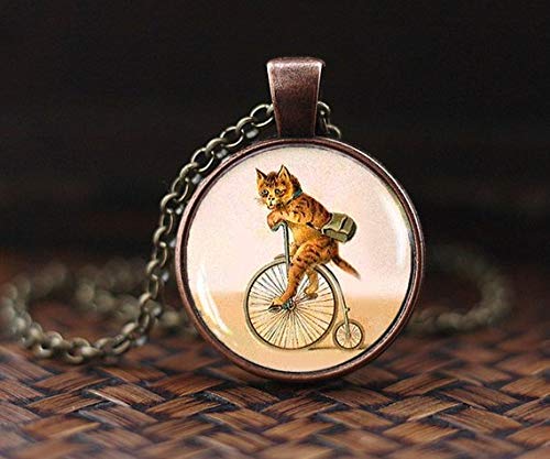 Collar de gato en bicicleta, colgante de bicicleta hipster, estilo vintage, para amantes de la bicicleta, regalo para amantes de la bicicleta, colgante retro vintage de gatito