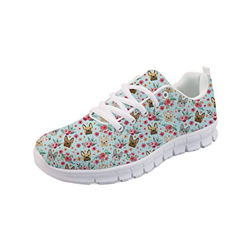 Coloranimal Casual DailyShoes Cómodo para Mujer Go Easy Walking Zapatillas para Correr Divertido Bulldog francés Patrón de Flores Calzado Deportivo con Cordones EU35