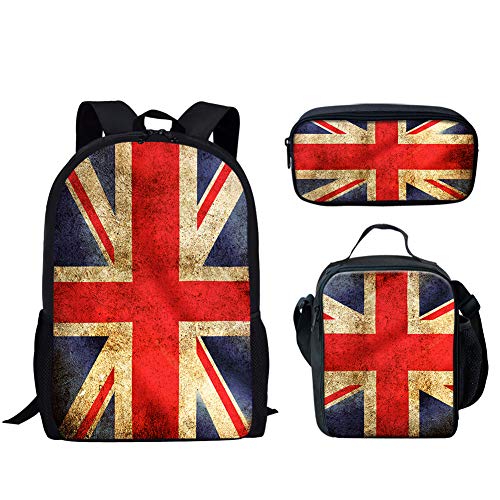 Coloranimal - Mochila infantil con estampado de la bandera de Inglaterra británica británica para niños con bolsa de almuerzo aislada+estuche para lápices