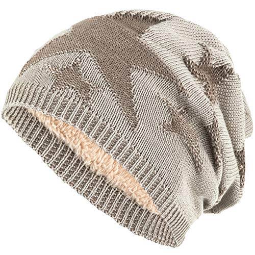 Compagno Gorro de invierno beanie deportivo y elegante modelo de estrella de punto cesta con suave interior, Color:Beis