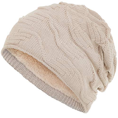 Compagno Gorro de invierno slouch beanie diseño de punto grueso con suave interior de forro polar, Color:Beis