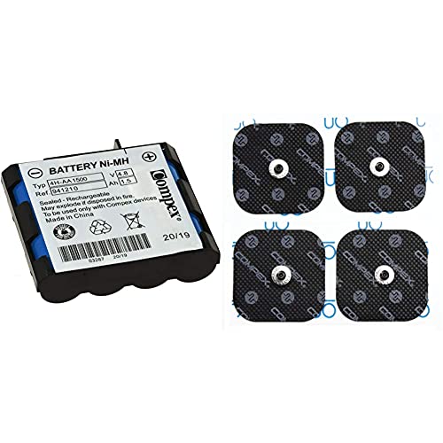 Compex 941210- Batería De Recambio, Azul + 6260760 Electrodos Easysnap Performance, 5 X 5 cm, Pack de 4