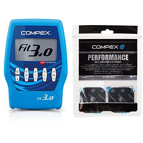 Compex Fit 3.0 Electroestimulador, Unisex, Azul + 6260760 Electrodos Easysnap Performance, 5 X 5 cm, Pack de 4