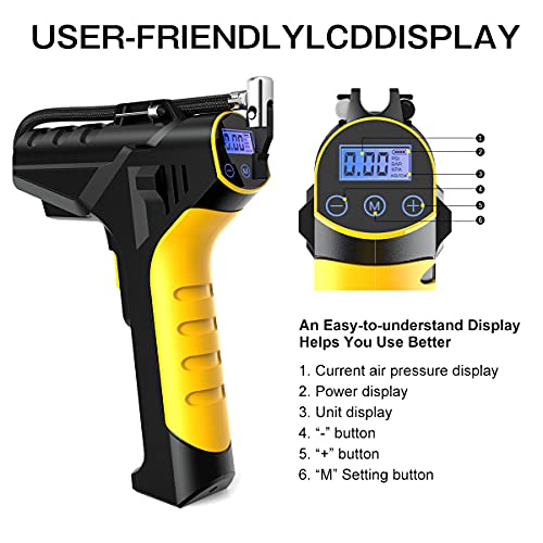 Compresor Aire Coche, 12V Bomba de Aire Portátil con una Batería Recargable y Cable de Carga para Encendedor de Cigarrillos, con Pantalla LCD para Automóviles Motocicletas Bicicletas y Pelotas