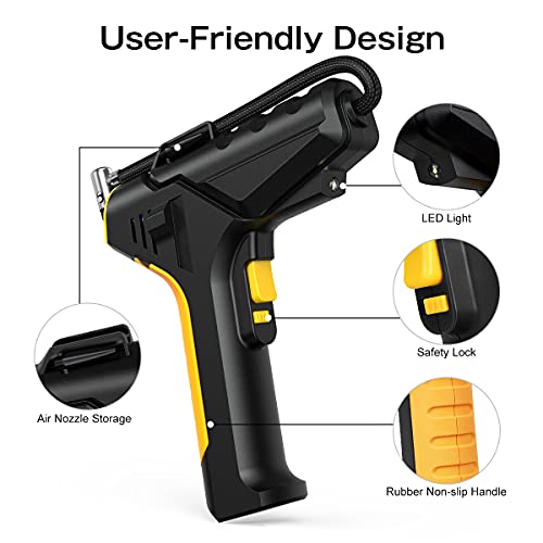 Compresor Aire Coche, 12V Bomba de Aire Portátil con una Batería Recargable y Cable de Carga para Encendedor de Cigarrillos, con Pantalla LCD para Automóviles Motocicletas Bicicletas y Pelotas