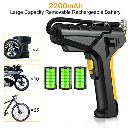 Compresor Aire Coche, 12V Bomba de Aire Portátil con una Batería Recargable y Cable de Carga para Encendedor de Cigarrillos, con Pantalla LCD para Automóviles Motocicletas Bicicletas y Pelotas