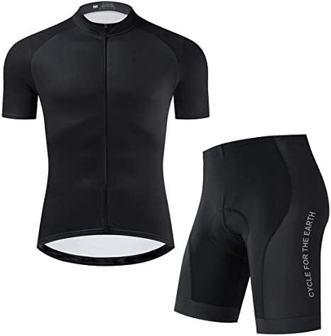 Conjunto de maillot de ciclismo Iogas para hombre, camiseta de manga corta y pantalón de bicicleta de montaña con asiento acolchado, monocolor, Hombre, Negro , large