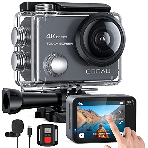 COOAU Cámara Deportiva 4K 60FPS 20MP Wi-Fi（pantalla táctil con zoom 8X Nuevo EIS Anti-Shake, Estuche impermeable para cámara subacuática de 40 m, Micrófono externo ajustable, 2x1350mAh Baterías）