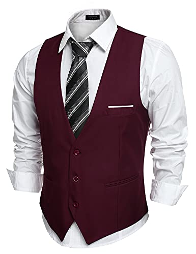 COOFANDY Chaleco de traje de hombre con cuello en V, sin mangas, chaleco de corte ajustado, chaleco formal, clásico, monocolor, para negocios, informal, boda, 93 Vino Rojo, M