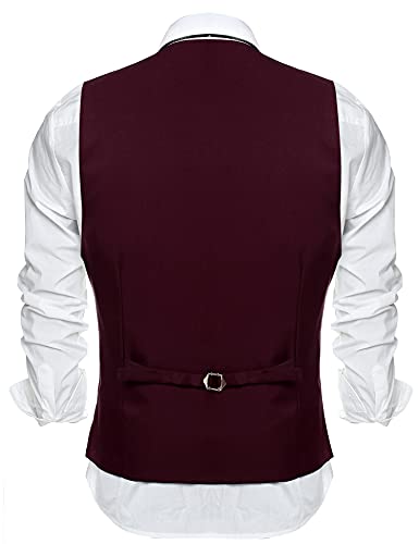 COOFANDY Chaleco de traje de hombre con cuello en V, sin mangas, chaleco de corte ajustado, chaleco formal, clásico, monocolor, para negocios, informal, boda, 93 Vino Rojo, M