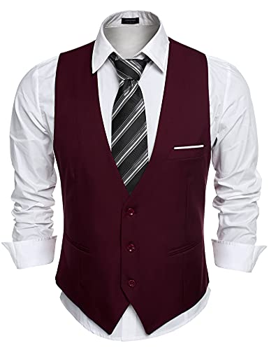 COOFANDY Chaleco de traje de hombre con cuello en V, sin mangas, chaleco de corte ajustado, chaleco formal, clásico, monocolor, para negocios, informal, boda, 93 Vino Rojo, M