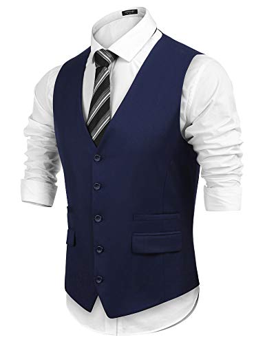 COOFANDY Chaleco de traje para hombre, ajustado, para boda, azul marino, M