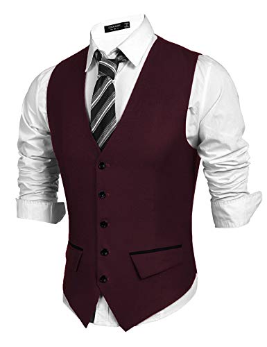 COOFANDY Chaleco de traje para hombre, chaleco con cuello en V sin mangas, básico ajustado chaleco occidental con cuello en V traje elegante boda de negocios (vino rojo, S)