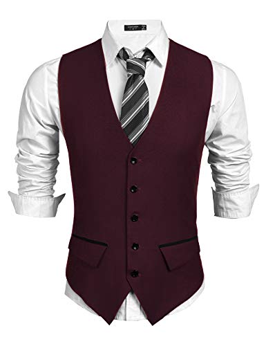 COOFANDY Chaleco de traje para hombre, chaleco con cuello en V sin mangas, básico ajustado chaleco occidental con cuello en V traje elegante boda de negocios (vino rojo, S)