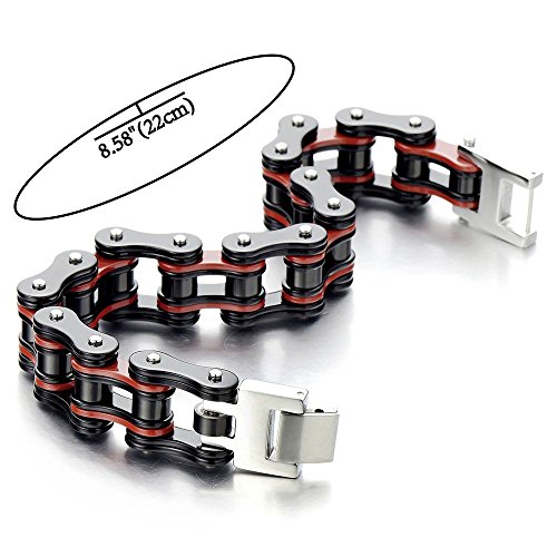 COOLSTEELANDBEYOND Grandes y Pesados, Pulsera de Hombre, Brazalete de Acero Inoxidable, Bike Chain, Cadena Bici, Color Rojo Negro