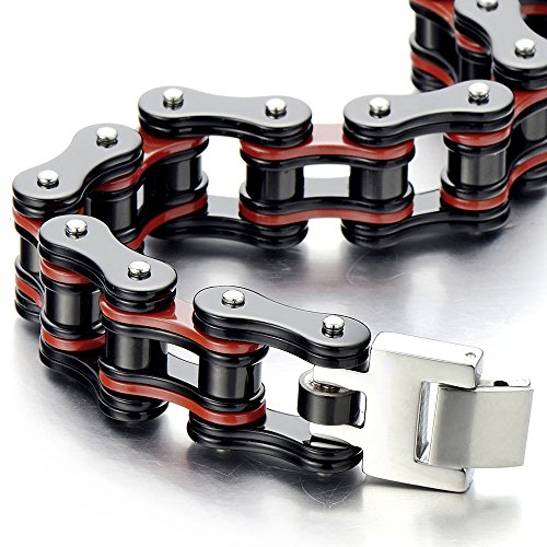 COOLSTEELANDBEYOND Grandes y Pesados, Pulsera de Hombre, Brazalete de Acero Inoxidable, Bike Chain, Cadena Bici, Color Rojo Negro