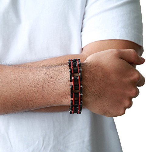 COOLSTEELANDBEYOND Grandes y Pesados, Pulsera de Hombre, Brazalete de Acero Inoxidable, Bike Chain, Cadena Bici, Color Rojo Negro