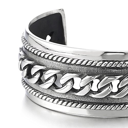 COOLSTEELANDBEYOND Masculino Ancha Pulsera de Hombre Mujer, Brazalete de Acero Inoxidable Color Plata con Cadena Barbada Ornamento