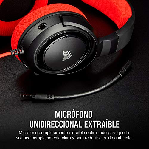 Corsair HS35 - Auriculares Stereo para Juegos (Membrana Neodimio de 50 mm, Micrófono Unidireccional Extraíble, Estructura Ligera, Compatible con Xbox One, PS4, Nintendo Switch y Móviles), Rojo