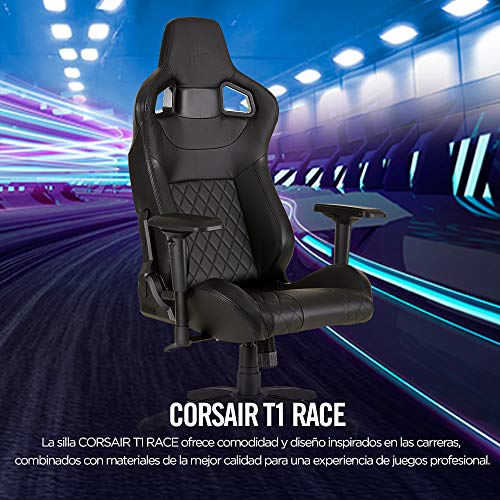 Corsair T1 Race - Silla de juego de carreras de piel sintética, fácil montaje, giro ergonómico, altura ajustable y reposabrazos 4D, soporte lumbar, cómodo con reclinable - negro