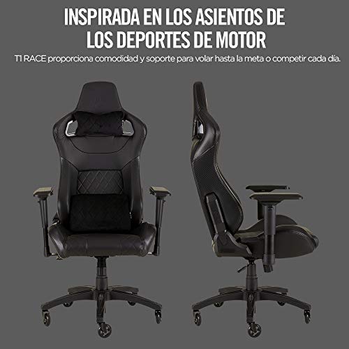 Corsair T1 Race - Silla de juego de carreras de piel sintética, fácil montaje, giro ergonómico, altura ajustable y reposabrazos 4D, soporte lumbar, cómodo con reclinable - negro