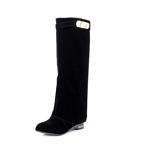 CosyFever Botas Plano Caña Hasta La Rodilla conHebilla Metal Botas Plisadas Ponerse BC1 para Mujeres Negro - 36 EU