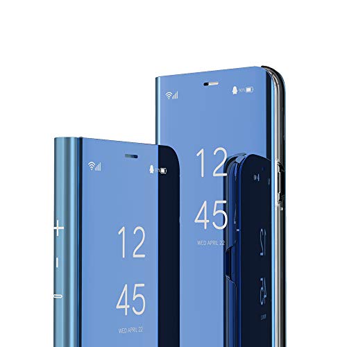 COTDINFOR Motorola Moto G8 Power Funda Espejo Ultra Slim Ligero Flip Clear View Standing Cover Mirror PC Cover Protectora Fundas Caso para Motorola Moto G8 Power Mirror PU Blue MX.