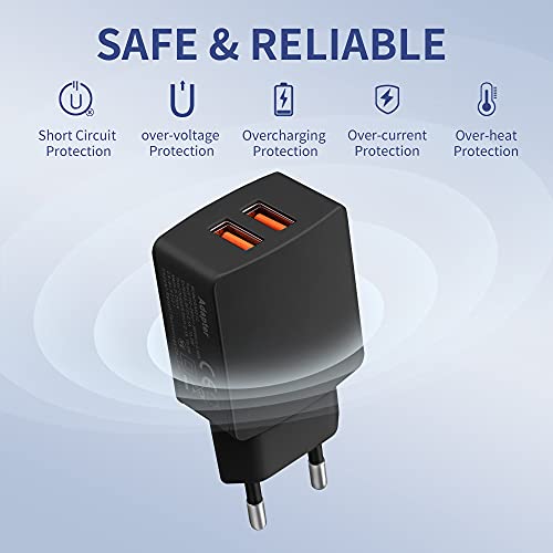 CREAPICO Cargador USB (2 Piezas), Enchufe Doble USB 5V/2.1A, Adaptador Corriente de 10,5W, Cargador Móvil para iPhone, Samsung, Huawei, Xiaomi, Motorola, Tableta, Auriculares, Parlantes - Negro