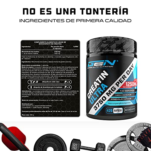 Creatine Ultra Caps - 420 cápsulas con 1250 mg cada una de monohidrato de creatina puro - Premium: Ultrafino + Factor de malla de 200 - Alta dosis