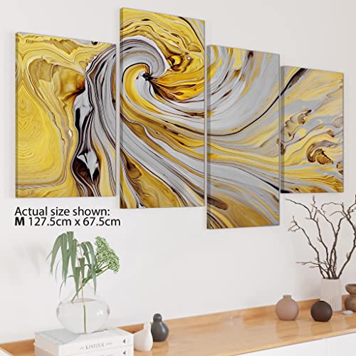 Cuadro abstracto en lienzo de 4 piezas, tamaño grande, color amarillo mostaza y gris en espiral, nº4290, de Wallfillers