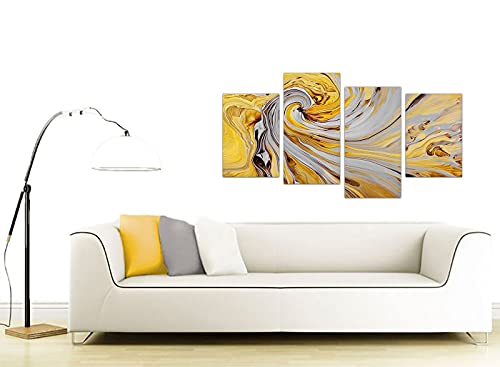 Cuadro abstracto en lienzo de 4 piezas, tamaño grande, color amarillo mostaza y gris en espiral, nº4290, de Wallfillers