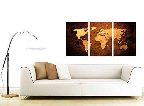 Cuadro de pared Wallfillers® de 3 piezas sobre lienzo, diseño de mapa del mundo vintage