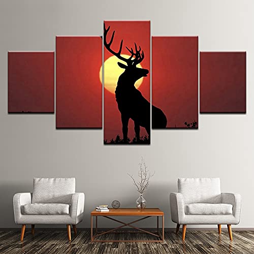 Cuadro sobre lienzo para pared, cuadro modular, sala de estar moderna, 5 animales, alce, decoración de puesta de sol, póster sin marco A96 L