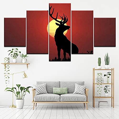 Cuadro sobre lienzo para pared, cuadro modular, sala de estar moderna, 5 animales, alce, decoración de puesta de sol, póster sin marco A96 L