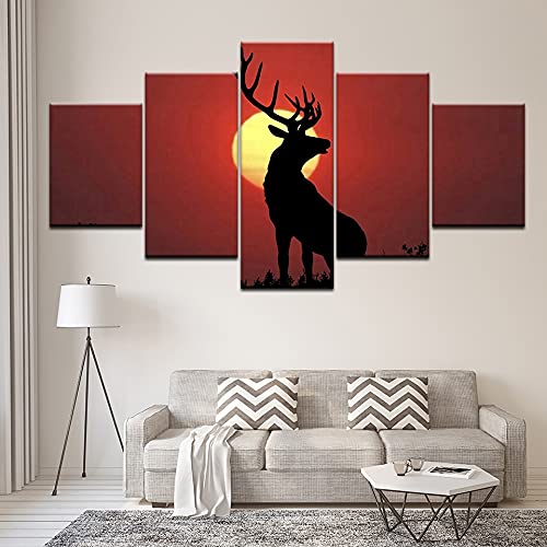 Cuadro sobre lienzo para pared, cuadro modular, sala de estar moderna, 5 animales, alce, decoración de puesta de sol, póster sin marco A96 L