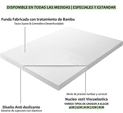 Cubrecolchon Topper 100% Viscoelastico | 160 x 190cm | Grosor 7CM | Fabricado en España | Libera Presion Cervical y Lumbar | Tratamiento Bambu | Anti-alergenico | Transpirable