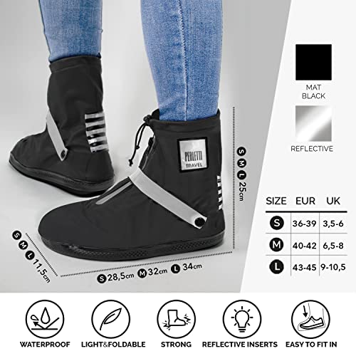 Cubrezapatos Impermeables Negros Bajos - Cubrezapatillas Reflectantes Antideslizantes - Galochas Lluvia con Cordón - Protectores Zapatos Resistentes Reutilizables - Perletti (Reflectante, M (40/42))