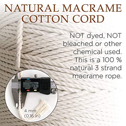 Cuerda de Macramé 4 mm 260m 1,5 kg 3 strand twisted - Cordón de Algodón Natural - Cuerda Tricapa de Algodón Fuerte, Tejido, Ganchillo, Bolsa, Cesta Colgante, Atrapasueños - MB Cordas