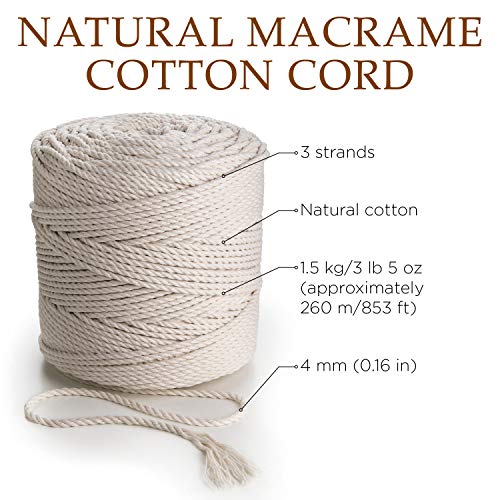 Cuerda de Macramé 4 mm 260m 1,5 kg 3 strand twisted - Cordón de Algodón Natural - Cuerda Tricapa de Algodón Fuerte, Tejido, Ganchillo, Bolsa, Cesta Colgante, Atrapasueños - MB Cordas