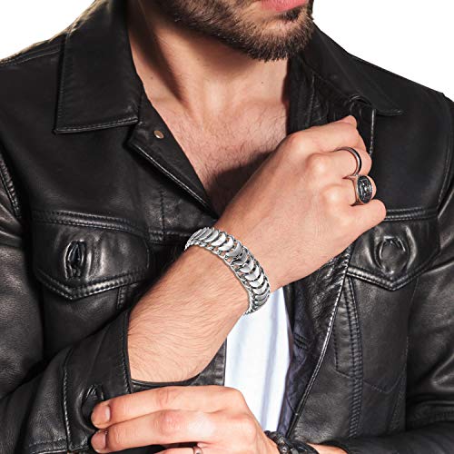 Cupimatch Pulsera Hombre Biker Acero Inoxidable Plata Pulido Brazalete Joyería de Moda Hipoalergénico Dia del Padre Regalos