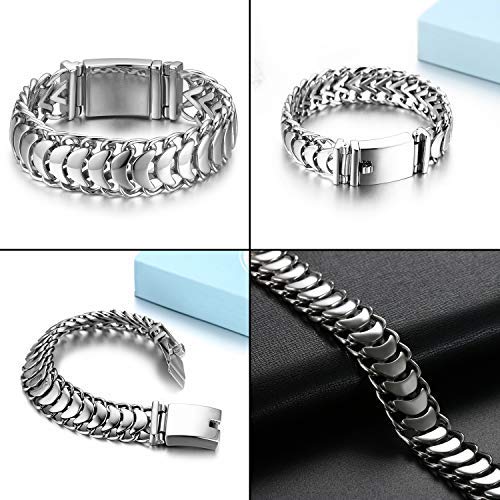 Cupimatch Pulsera Hombre Biker Acero Inoxidable Plata Pulido Brazalete Joyería de Moda Hipoalergénico Dia del Padre Regalos