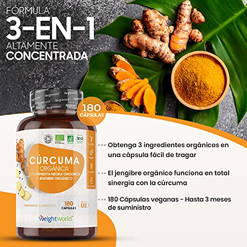 Cúrcuma Orgánica de 1440 mg con Jengibre y Pimienta Negra 180 Cápsulas Veganas - Cúrcuma en Cápsulas Natural Alta Resistencia y Absorción Fuente de Curcumina y Piperina, Ingredientes de Origen Natural