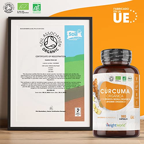 Cúrcuma Orgánica de 1440 mg con Jengibre y Pimienta Negra 180 Cápsulas Veganas - Cúrcuma en Cápsulas Natural Alta Resistencia y Absorción Fuente de Curcumina y Piperina, Ingredientes de Origen Natural