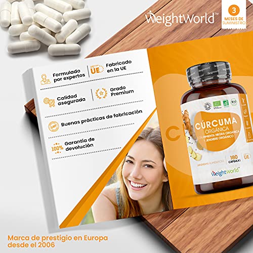 Cúrcuma Orgánica de 1440 mg con Jengibre y Pimienta Negra 180 Cápsulas Veganas - Cúrcuma en Cápsulas Natural Alta Resistencia y Absorción Fuente de Curcumina y Piperina, Ingredientes de Origen Natural