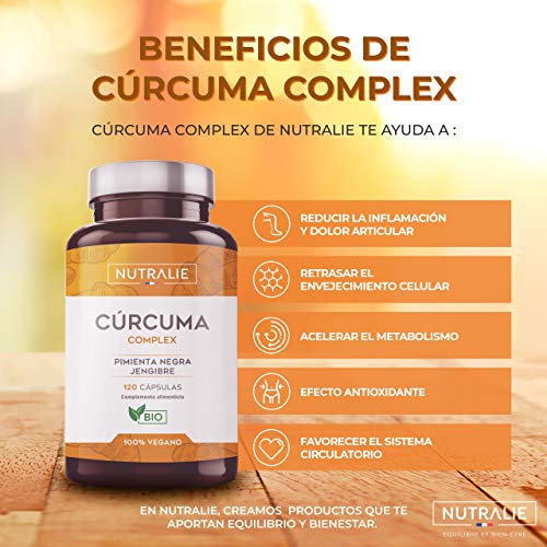 Cúrcuma orgánica Turmeric (650mg) con Jengibre(50mg) y Pimienta Negra(10mg) | 120 cápsulas vegetales | Máxima calidad | Potente antiinflamatorio y antioxidante natural | Cúrcuma complex | Nutralie