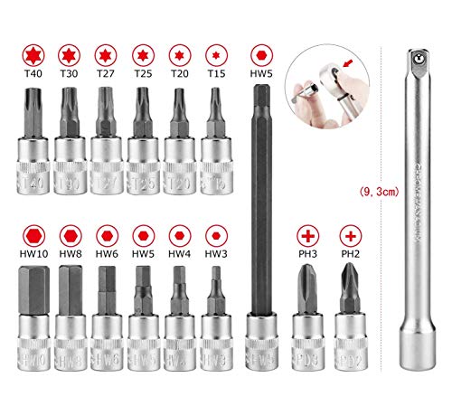 CXWXC - Juego de Llaves dinamométricas para Bicicleta de 1/4 Pulgadas, 1-25 NM, para Bicicletas de Carretera y de montaña, con 15 Llaves de Vaso Torx y Philips, extensión HW5 y Caja de Almacenamiento