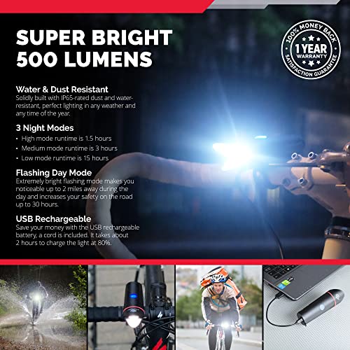 Cycle Torch Shark 500 Linterna para bicicleta, recargable, puerto USB, luz trasera LED incluida, compatible con todo tipo de bicicletas, fácil instalación y extracción, 500 lúmenes, negro