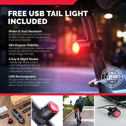 Cycle Torch Shark 500 Linterna para bicicleta, recargable, puerto USB, luz trasera LED incluida, compatible con todo tipo de bicicletas, fácil instalación y extracción, 500 lúmenes, negro