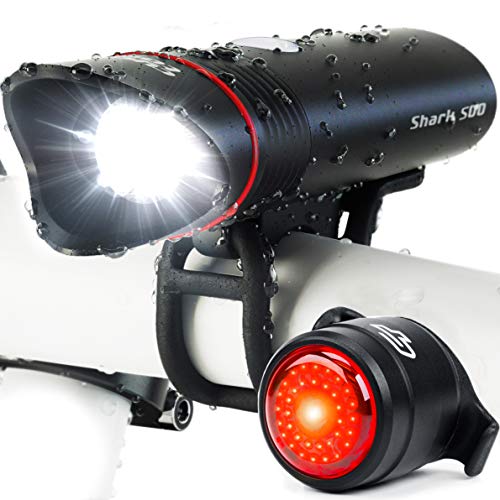 Cycle Torch Shark 500 Linterna para bicicleta, recargable, puerto USB, luz trasera LED incluida, compatible con todo tipo de bicicletas, fácil instalación y extracción, 500 lúmenes, negro